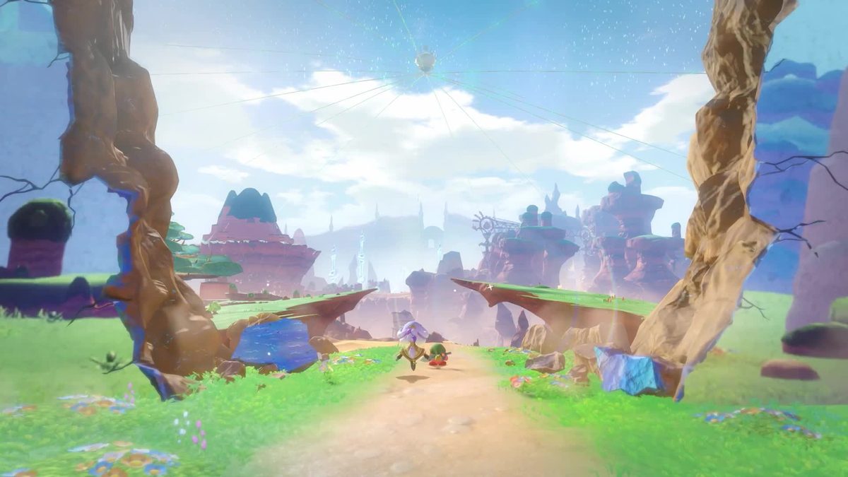 Kirby y una nueva acompañante avanzan hacia un paisaje fracturado con islas de roca suspendidas