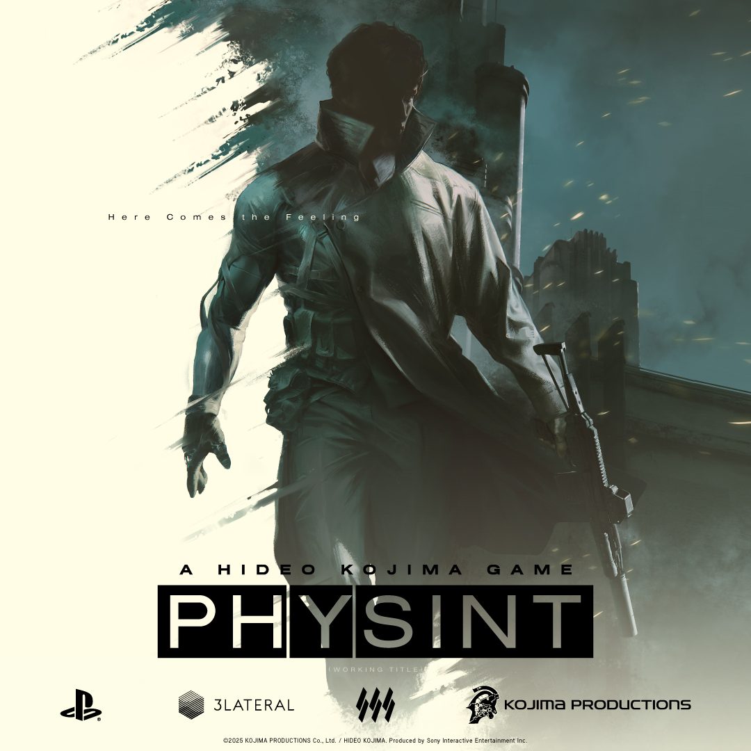 Arte conceptual de PHYSINT con una figura armada frente a una ciudad y los logotipos de PlayStation y Kojima Productions